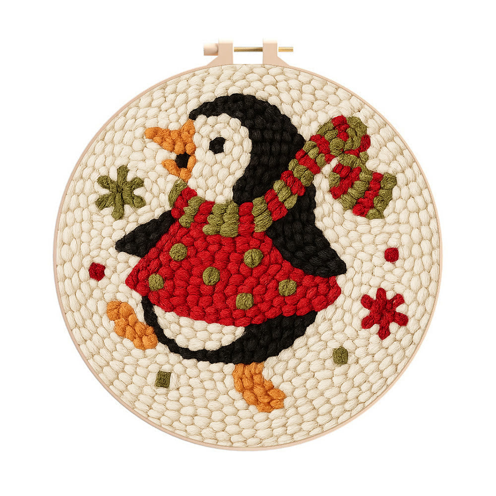 Rotating Penguin Punch Needle Kit - Christmas Wall Hanging Craft | Winter House Ornament - 20cm*20cm - image 1