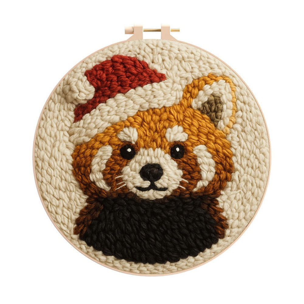 Christmas Red Panda Punch Needle Kit - Diy Punch Needle Coaster | Perfect Christmas Handicraft | Animal Tufted Coaster - 8 inch Hoop Kit - image 1