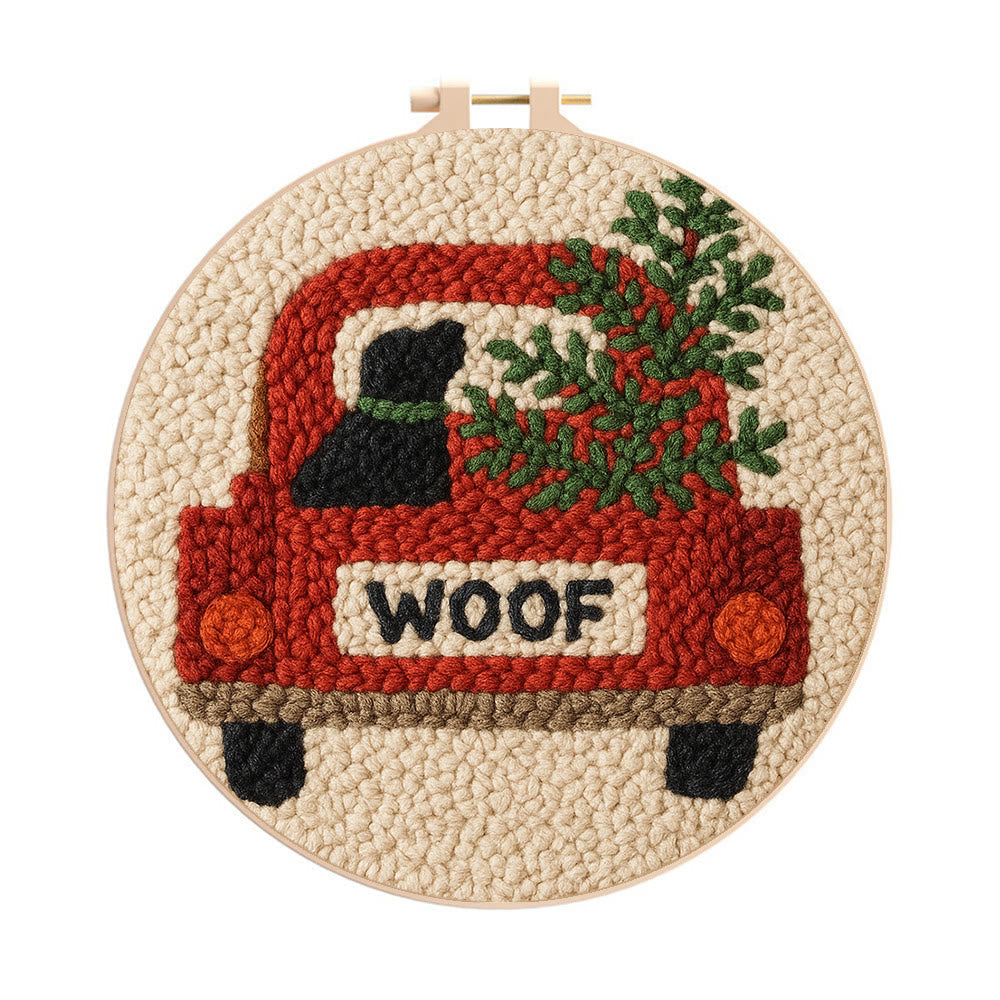 Woof Truck Punch Needle Kit - Diy Punch Needle Coaster | Craft For Handmade Enthusiast | Unique Decorative Gifts - 8 inch Hoop Kit - image 1