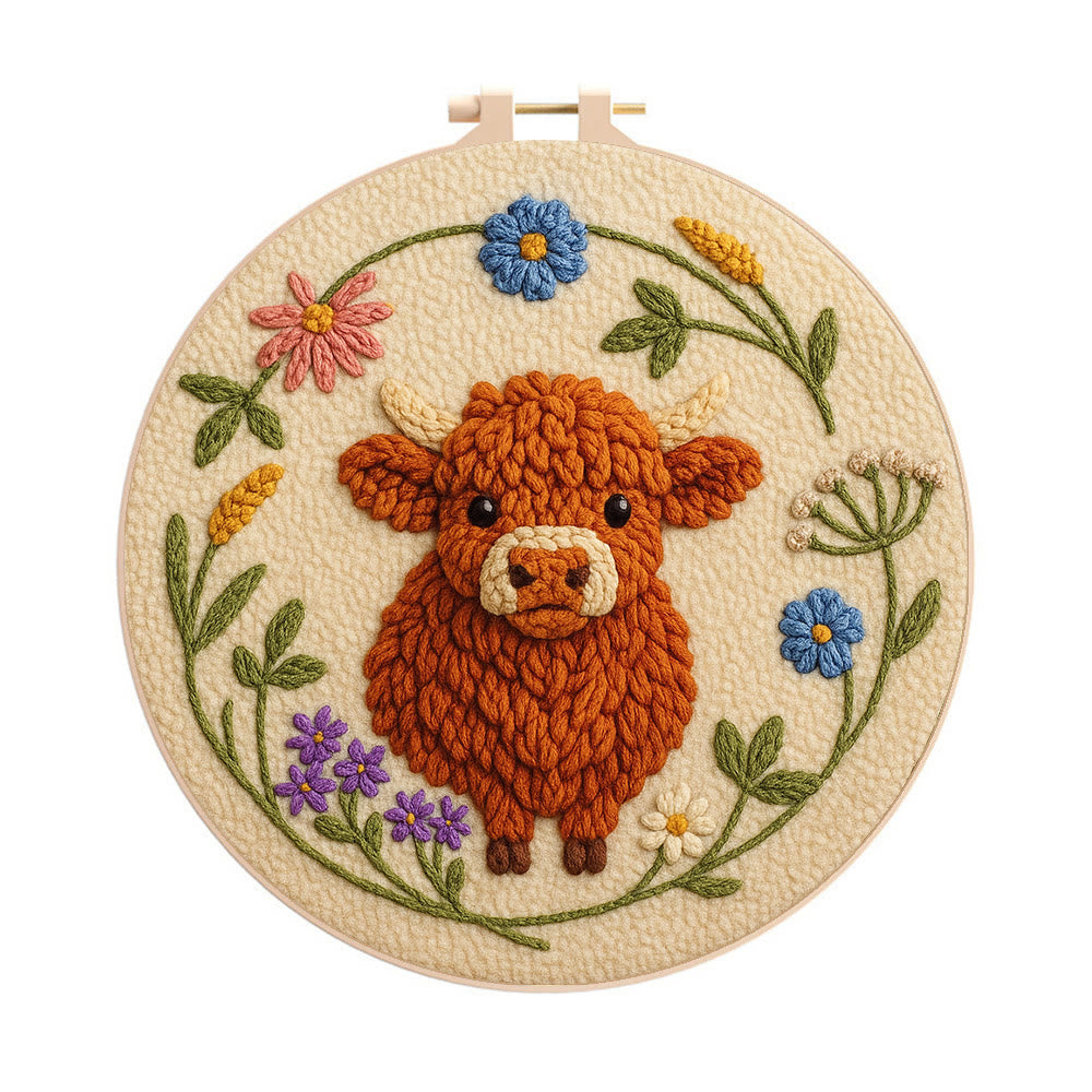 Floral Cow Punch Needle Kit - Diy Punch Needle Coaster | Adorable Animal Artcraft | Handmade Birthday Gifts - 8 inch Hoop Kit - image 1