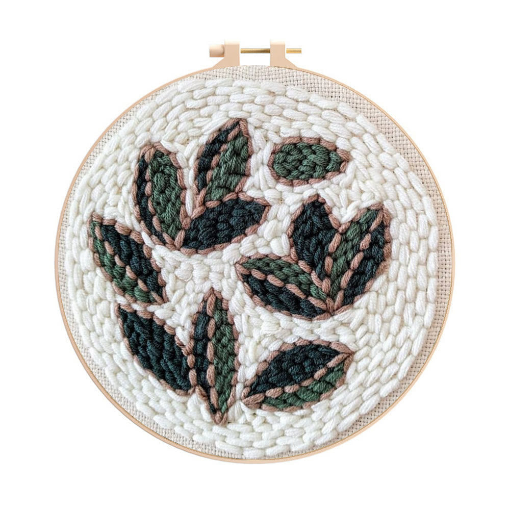 Leaf Punch Needle Kit - Diy Punch Needle Coaster | Handmade Sewing Art | Beginner Yarn Craft - 8 inch Hoop Kit - image 1