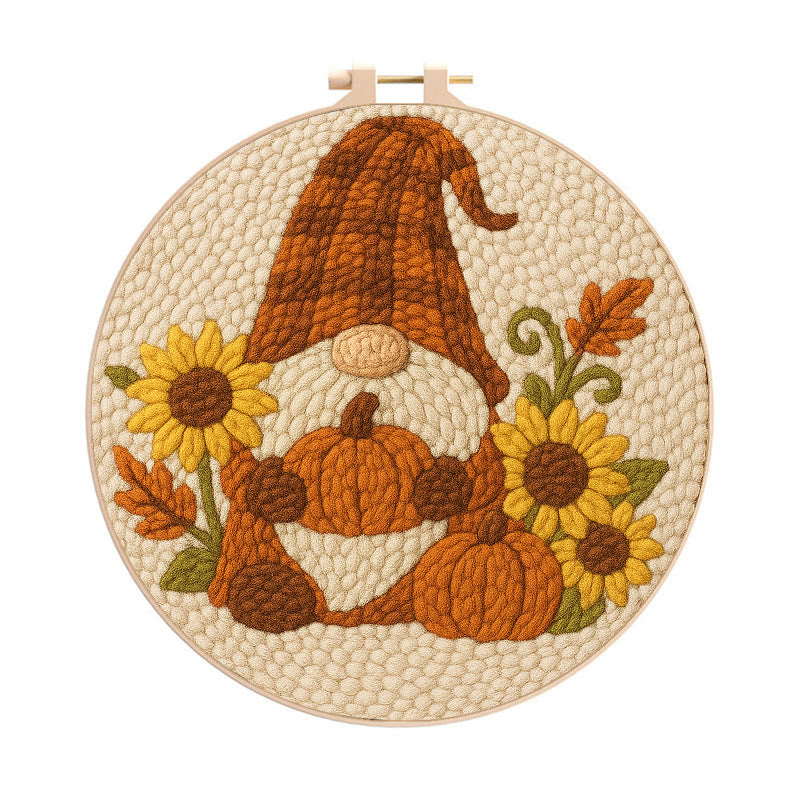 Sunflower Gnome Punch Needle Kit - Halloween Pumpkin Craft | Holiday Handmade Decor - 8 inch Hoop Kit - image 0