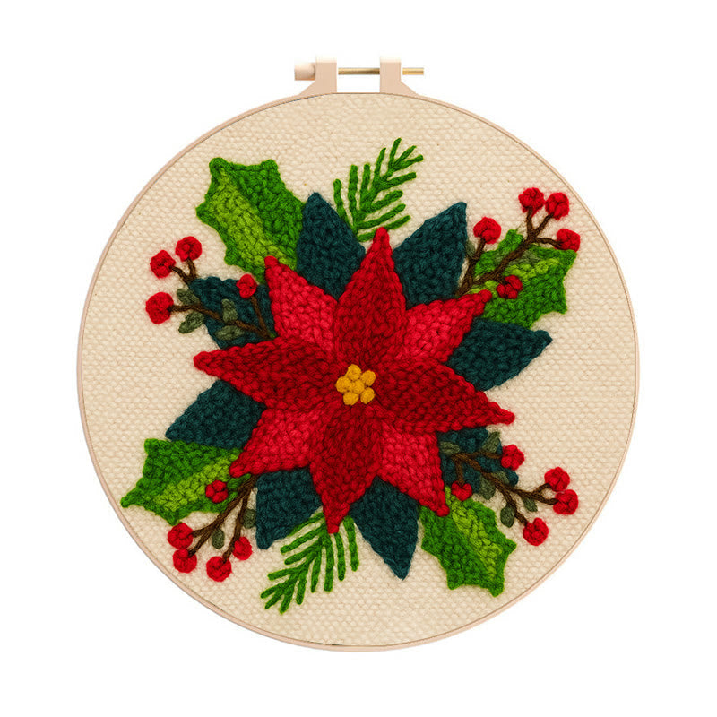 Christmas Poinsettia Punch Needle Kit - Winter Handmade Craft | Christmas Home Decoration - 8 inch Hoop Kit - image 0