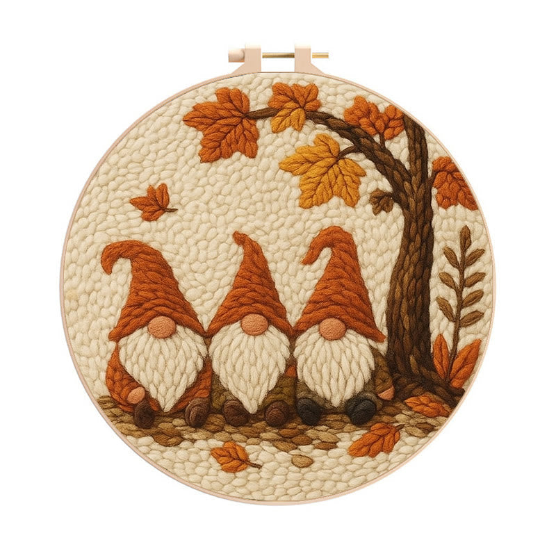 Gnomes Under The Tree Punch Needle Kit - Autumn Handmade Artwork | Diy Halloween Craft - 8 inch Hoop Kit - image 0