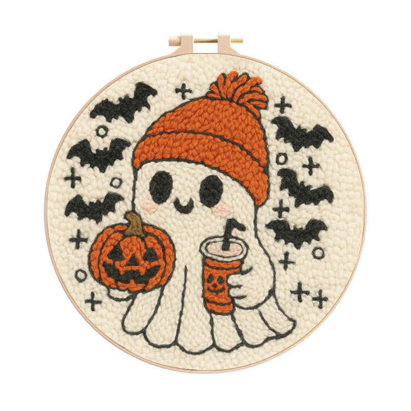 Drinking Ghost Punch Needle Kit - Adorable Halloween Needlework | Handmade Coaster Craft - 8 inch Hoop Kit - image 0