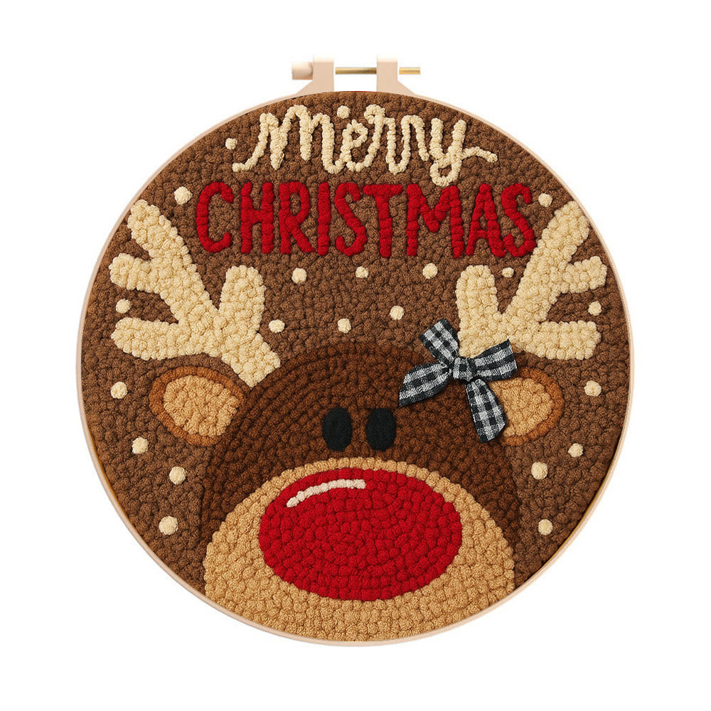 Christmas Reindeer Punch Needle Kit - Diy Christmas Coaster | Unique Housewarming Handicraft - 8 inch Hoop Kit - image 0