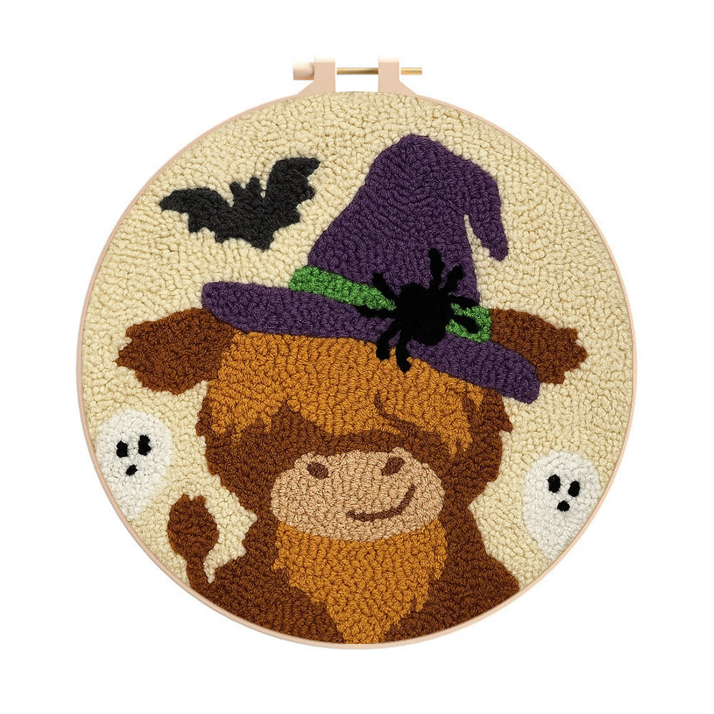 Wizard Cow Punch Needle Kit - Spooky Handmade Decoration | Personalized Animal Craft - 8 inch Hoop Kit - image 0