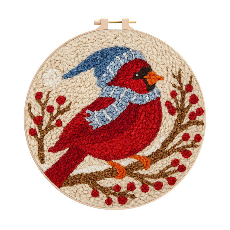Winter Cardinal Bird Punch Needle Kit - Christmas Gift For Craft Lover | Holiday Home Decor - 8 inch Hoop Kit - image 0