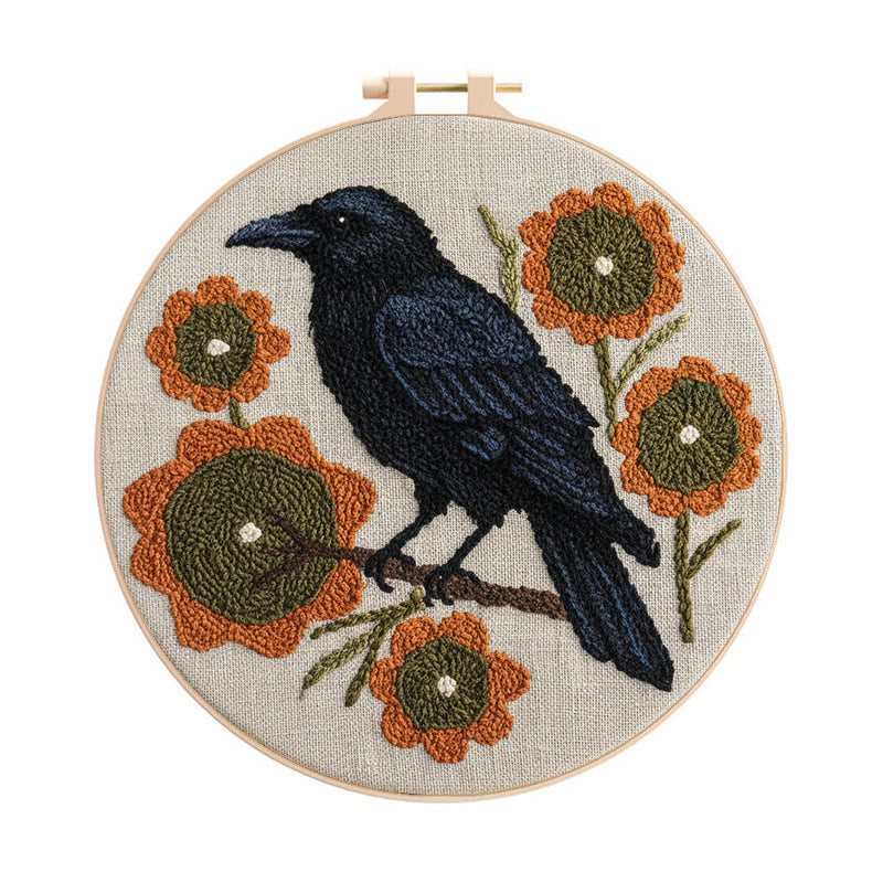 Sunflower Crow Punch Needle Kit - Diy Bird Handicraft | Decorative Hoop Art - 8 inch Hoop Kit - image 0