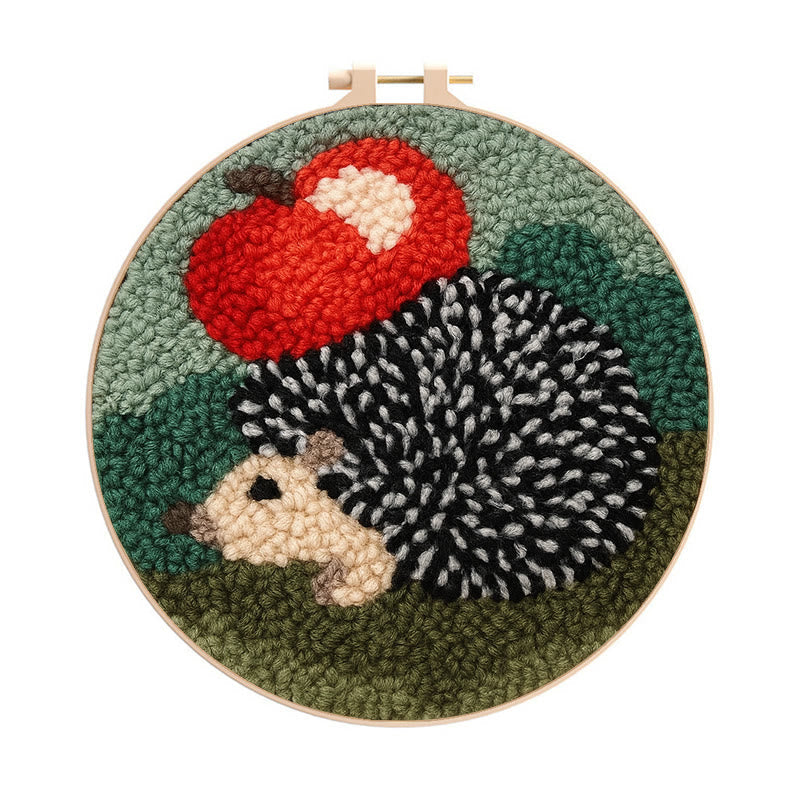 Apple Hedgehog Punch Needle Kit - Diy Animal Coaster | Nice Desk Ornament - 8 inch Hoop Kit - image 0