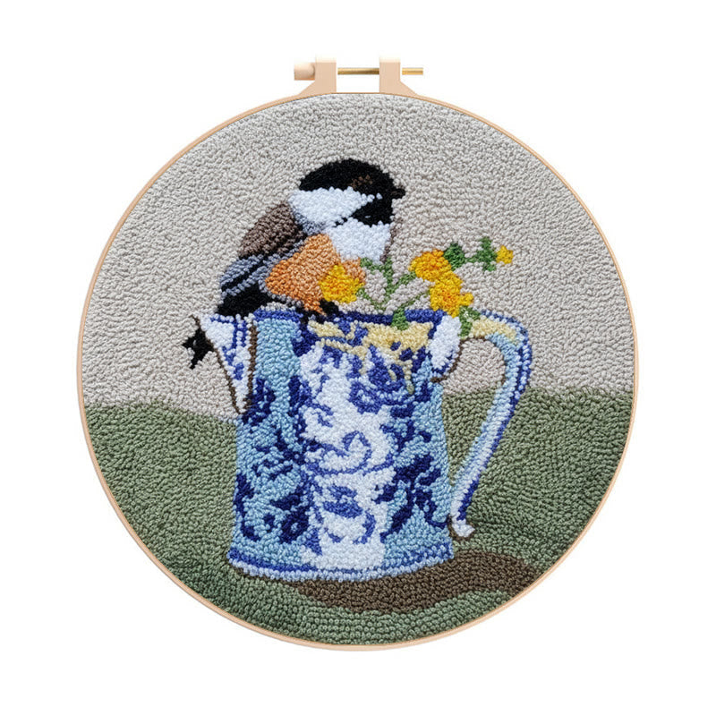 Bird With Teapot Punch Needle Kit - Lovely Bird Handicraft | Diy Decorative Hoop Art - 8 inch Hoop Kit - image 0
