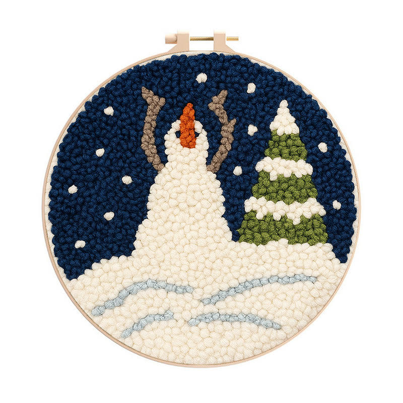 Christmas Snowman And Tree Punch Needle Kit - Handmade Needle Craft | Festival Decoration Gift - 8 inch Hoop Kit - image 0
