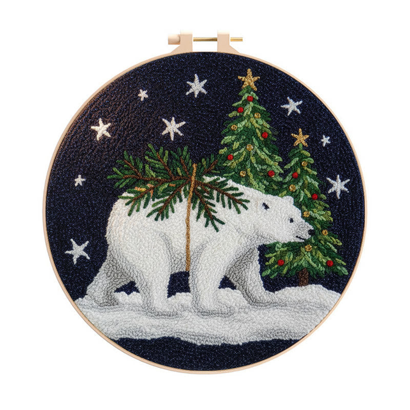 Polar Bears Punch Needle Kit - Christmas Tree Ornament | Easy Handmade Craft For Adults - 8 inch Hoop Kit - image 0