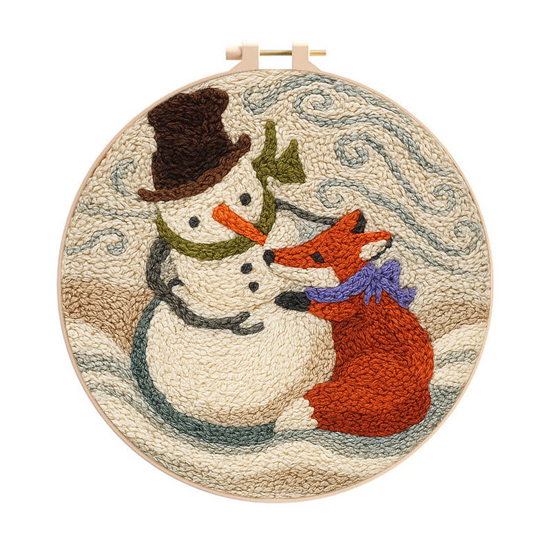 Fox And Snowman Punch Needle Kit - Winter Animal Artwork | Unique Christmas Collection - 8 inch Hoop Kit - image 0