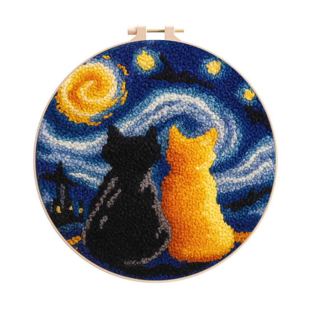 Starry Sky With Cats Punch Needle Kit - Creative Coaster Art | Unique Desk Decor - 8 inch Hoop Kit - image 0