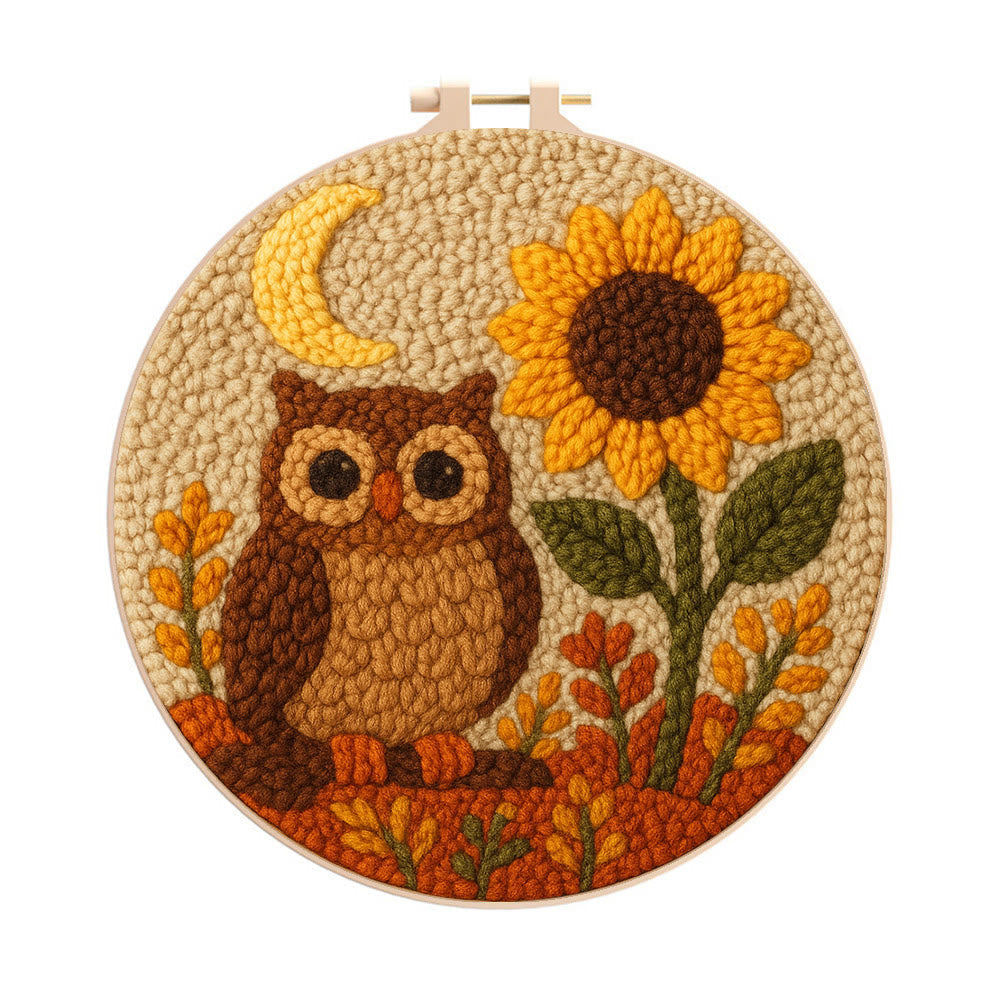 Autumn Owl Sunflower Punch Needle Kit - Gift For Diy Enthusiasts | Cozy Home Decor - 8 inch Hoop Kit - image 0