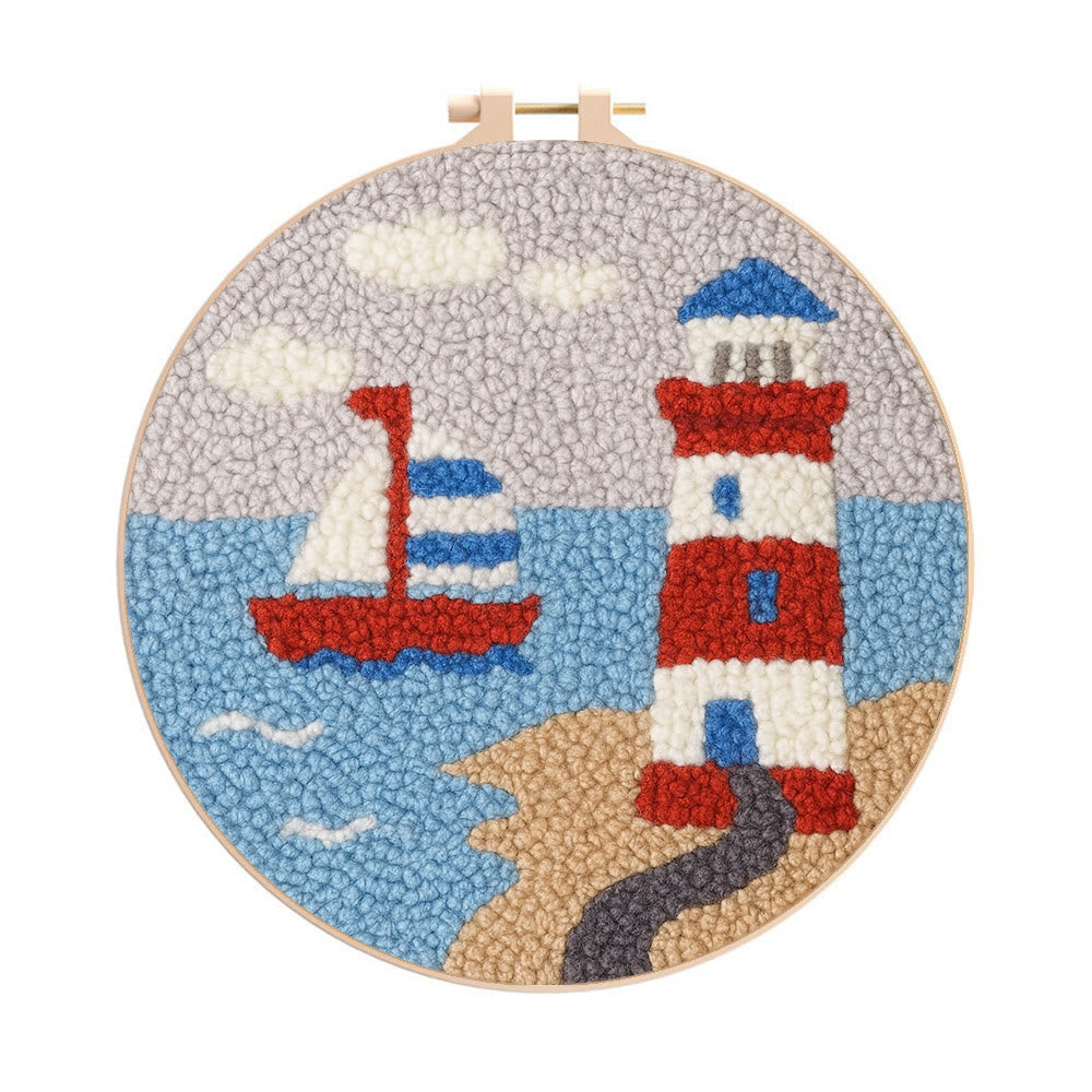 Seaside Lighthouse Punch Needle Kit - Handcrafted Art | Vibrant Handcraft Treasure - 8 inch Hoop Kit - image 0