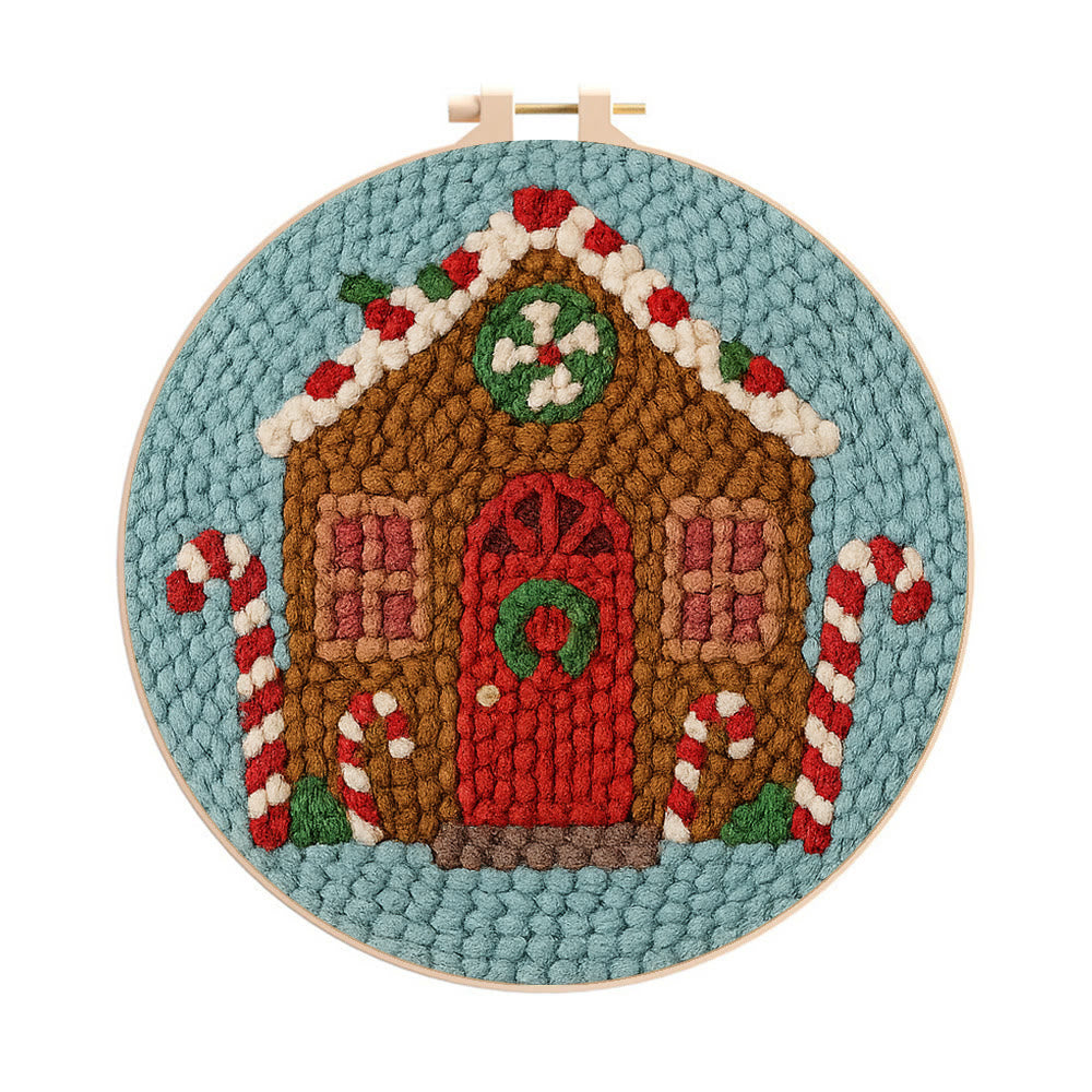 Gingerbread Cottage Punch Needle Kit – Easy-to-make Craft | Festive Table Accent - 8 inch Hoop Kit - image 0