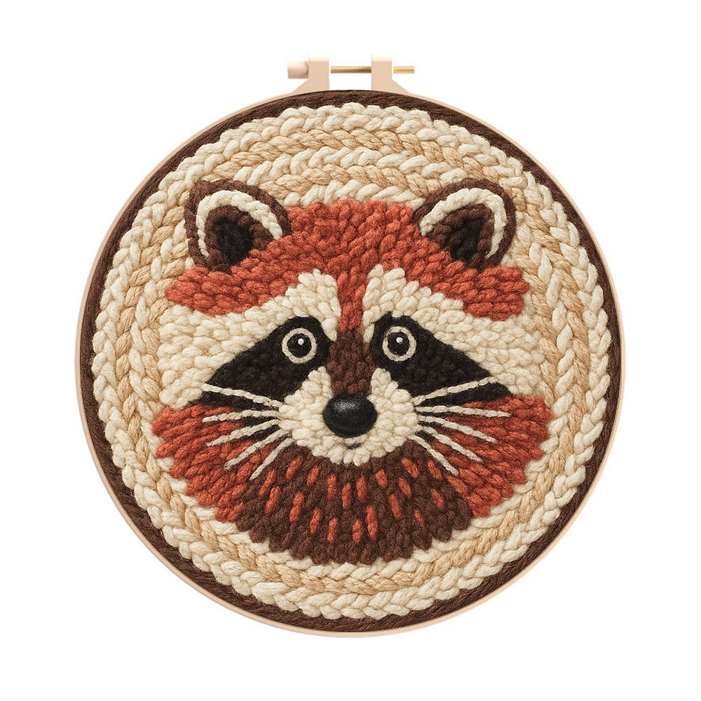 Cheerful Raccoon Face Punch Needle Kit – Whimsical Handcraft Project | Delightful Tabletop Trinket - 8 inch Hoop Kit - image 0