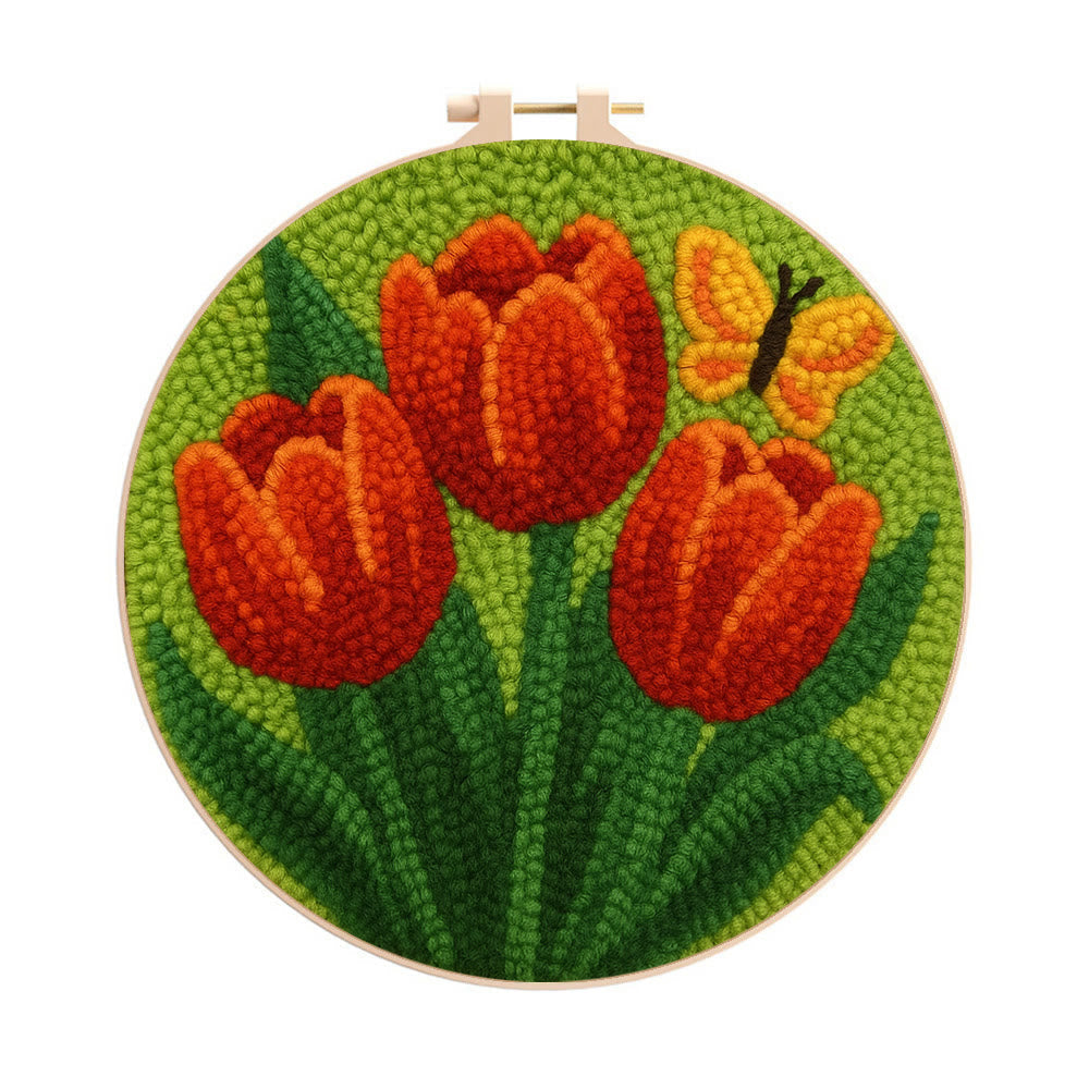 Orange Tulip Butterfly Punch Needle Kit – Uncomplicated Craft Making | Cheerful Home Piece - 8 inch Hoop Kit - image 0