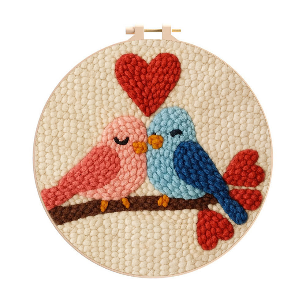Blush Blue Cuddling Bird Heart Punch Needle Kit – Beginner-easy Diy Undertaking | Sweet Gifting Standout - 8 inch Hoop Kit - image 0