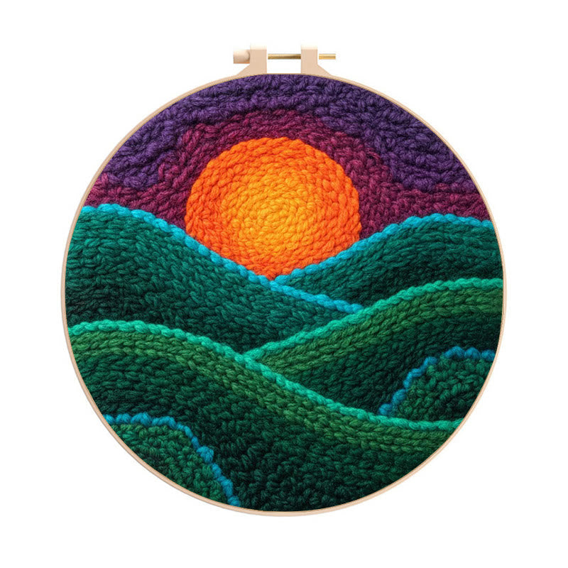 Purple Hued Sunset Mountain Range Punch Needle Kit – Handmade Decor Pendant | Newbie Friendly Diy Craft - 8 inch Hoop Kit - image 0