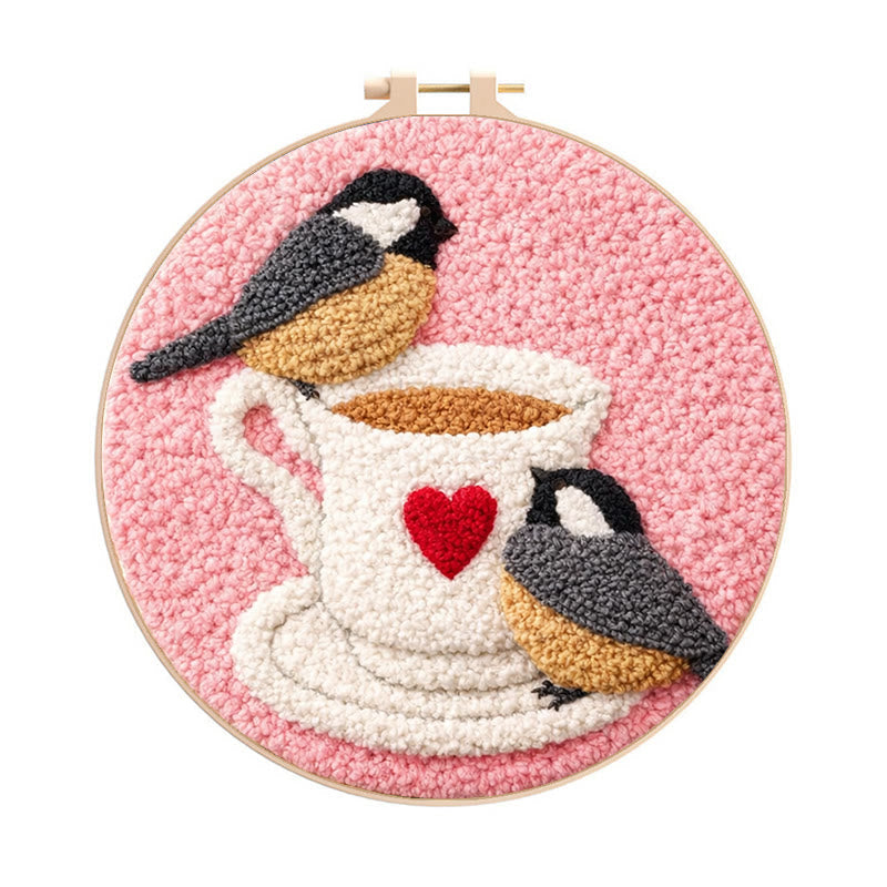 Blush Heart-cup Chickadees Punch Needle Kit – Essential Gifting Option | Heartwarming Decor Accent - 8 inch Hoop Kit - image 0