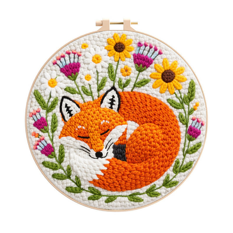 Snuggly Dozing Fox Floral Punch Needle Kit – Leading Gifting Option | Refined Artisanal Handcraft - 8 inch Hoop Kit - image 0
