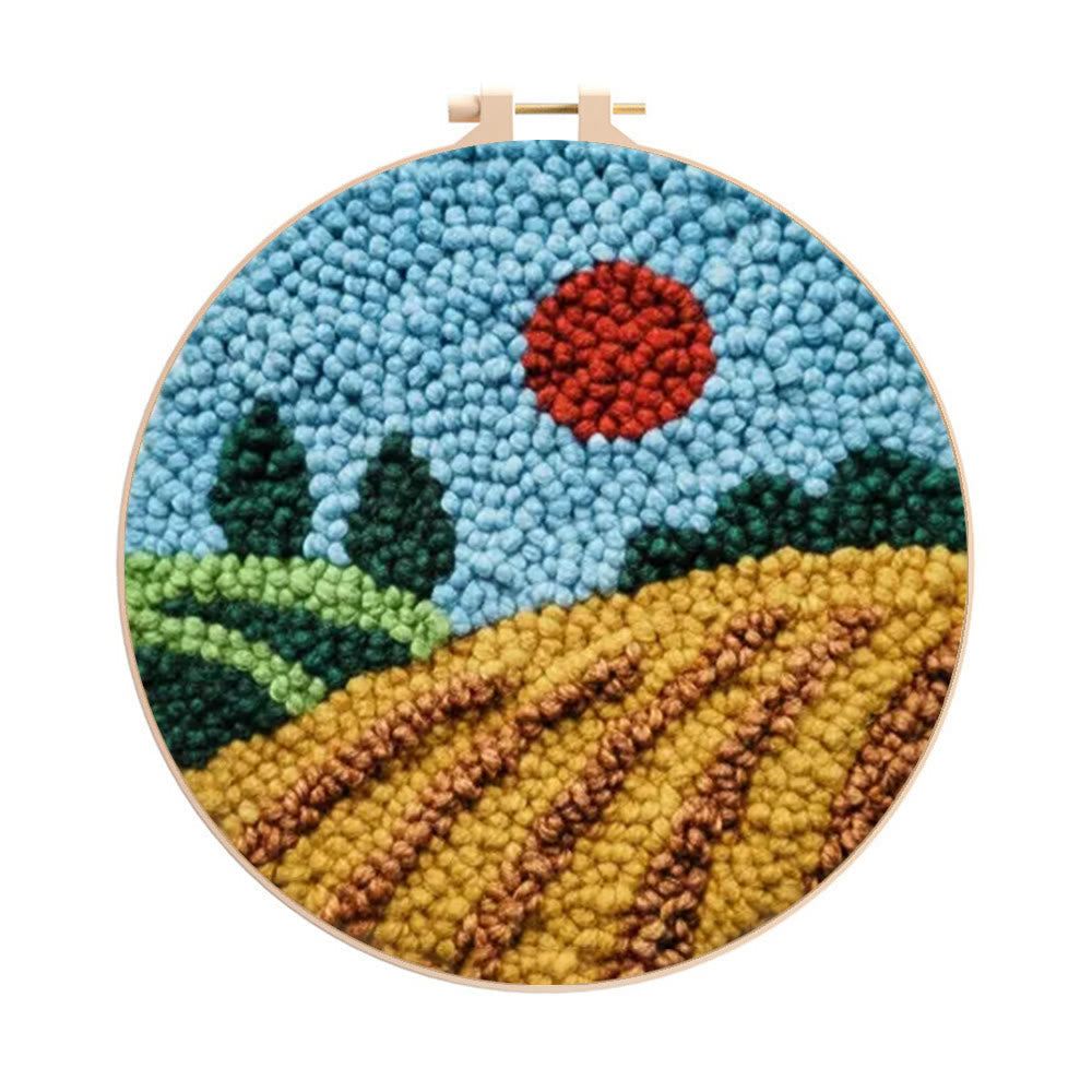 Sunset Countryside Landscape Punch Needle Kit – Cozy Home Handcraft | Newbie-friendly Diy Project - 8 inch Hoop Kit - image 0