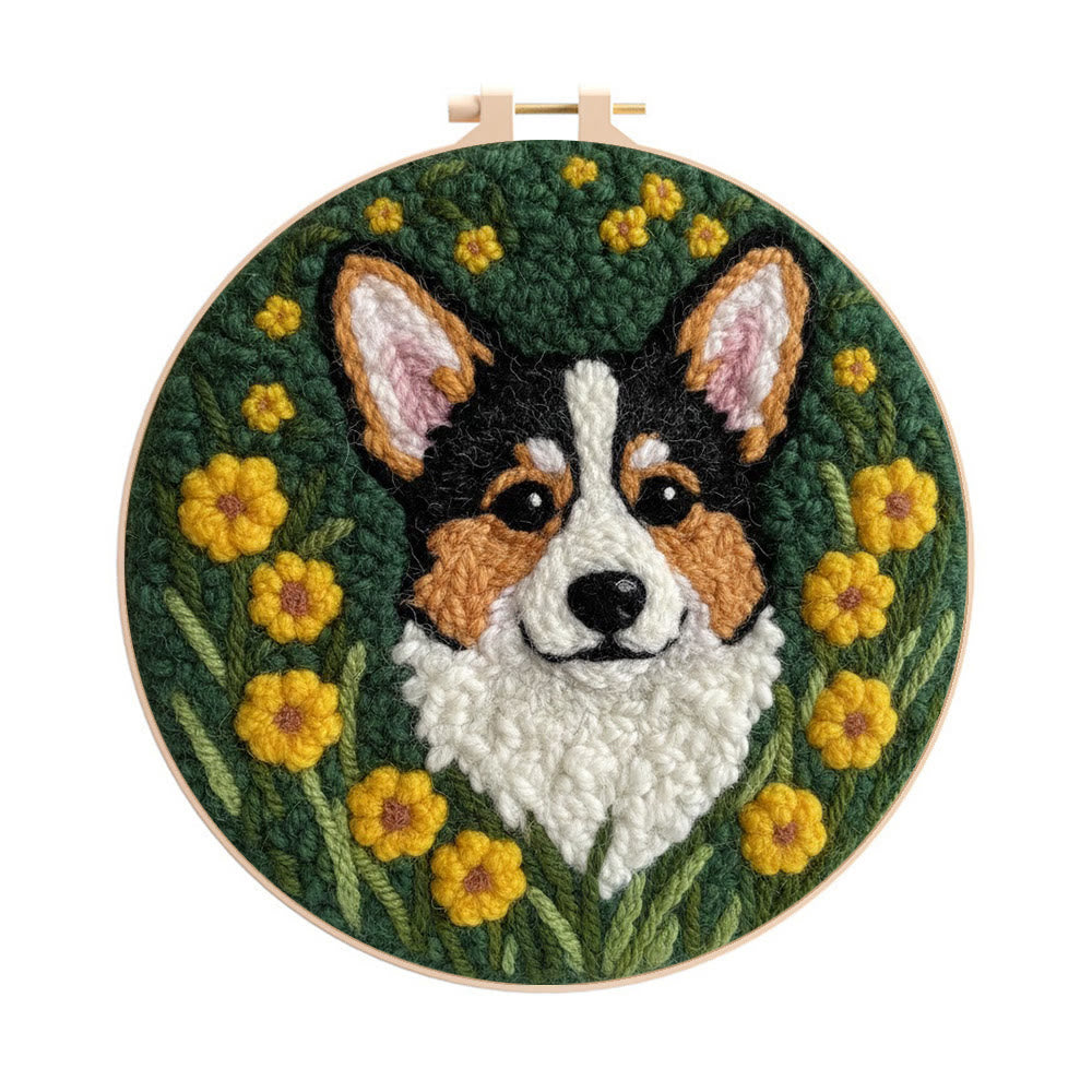 Lively Corgi In Yellow Floral Cluster Punch Needle Kit – Endearing Home Decor | Top Gifting Choice - 8 inch Hoop Kit - image 0