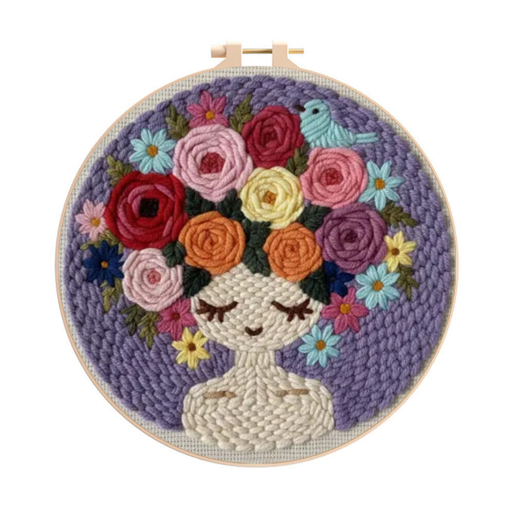 Pastel Floral Portrait With Bird Punch Needle Kit – Artistic Handcraft DIY Work | Elegant Home Decor - 8 inch Hoop Kit - image 0
