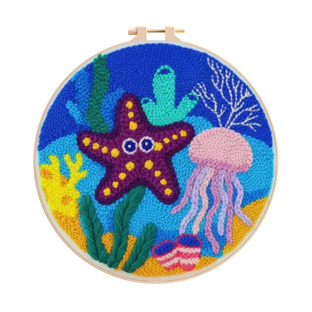Cheerful Seabed Creatures Punch Needle Kit – Playful Underwater Vibe Handcraft | Lively Space Accent Ornament - 8 inch Hoop Kit - image 0