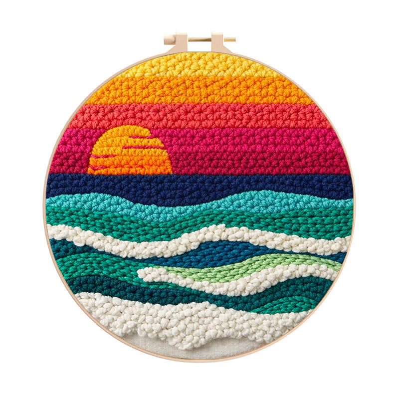 Sunset Ocean Waves Punch Needle Kit - Artistic DIY Experience | Vibrant Coastal Home Accent - 8 inch Hoop Kit - image 0