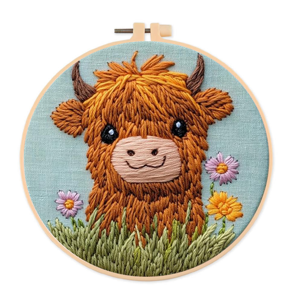 Floral Cow Punch Needle Kit - Adorable Animal Craft | Easy For Adults And Children - 8 inch Hoop Kit - image 0