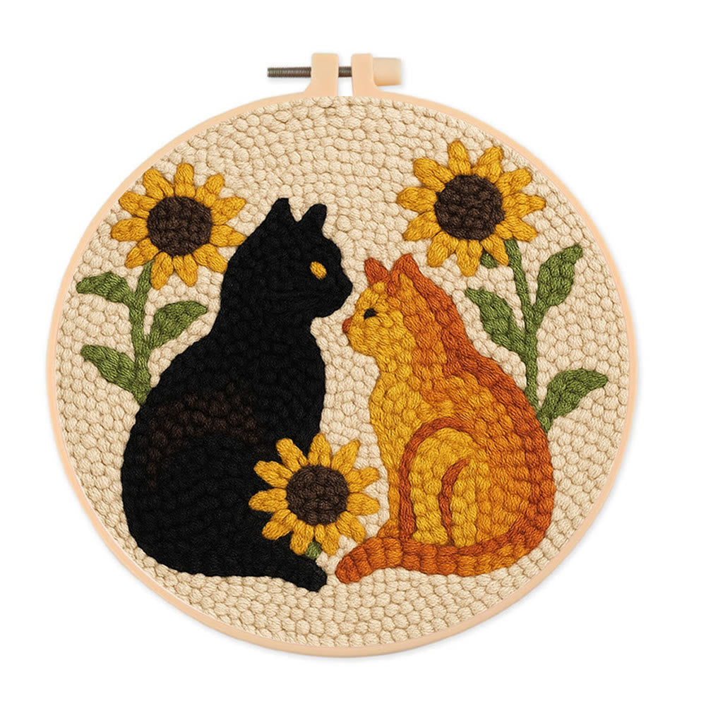 Sunflower Cats Punch Needle Kit - Lovely Animal Yarn Craft | Diy Room Decor - 8 inch Hoop Kit - image 0