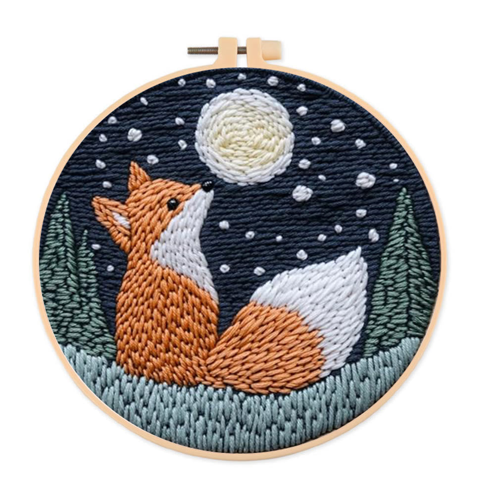 Fox In Night Punch Needle Kit - Diy Animal Handicraft | Nice Craft For Home Ornament - 8 inch Hoop Kit - image 0