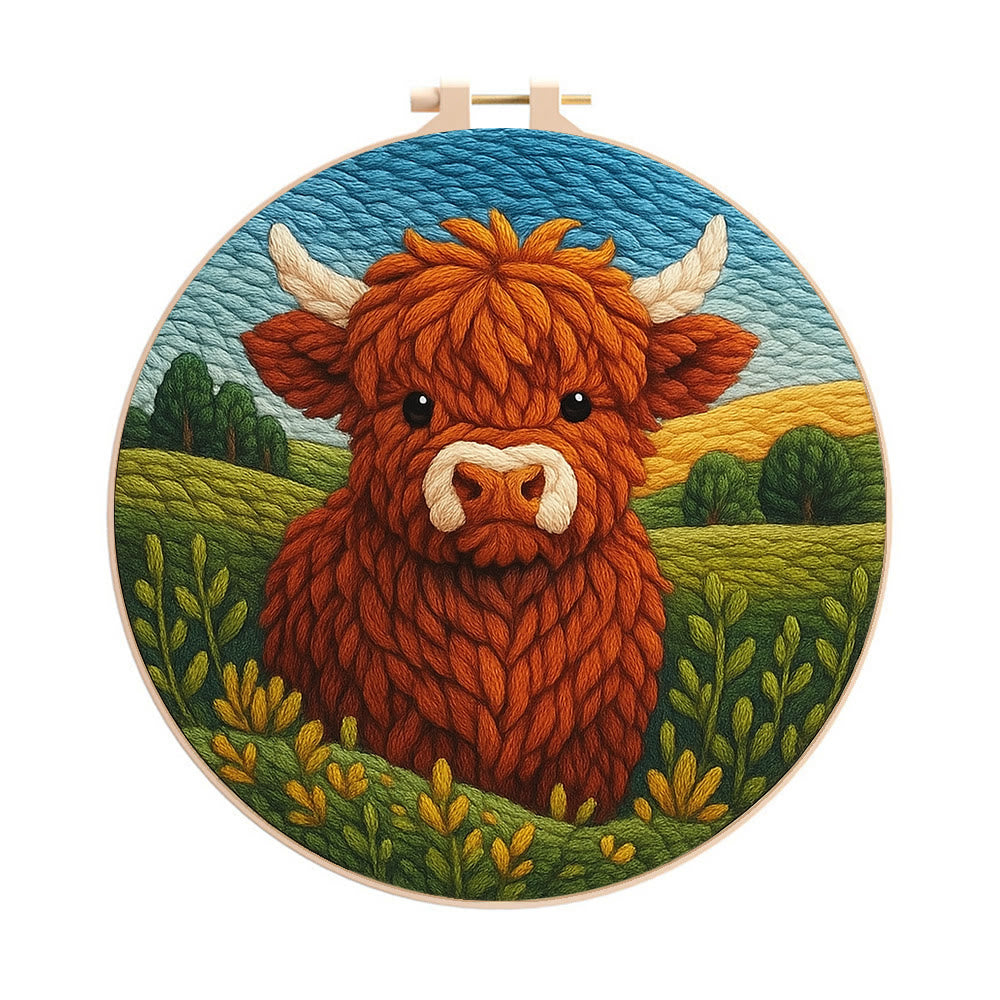Highland Cow In Field Punch Needle Kit - Handmade Animal Craft | Nice Wall Hanging Decor - 20cm*20cm - image 1