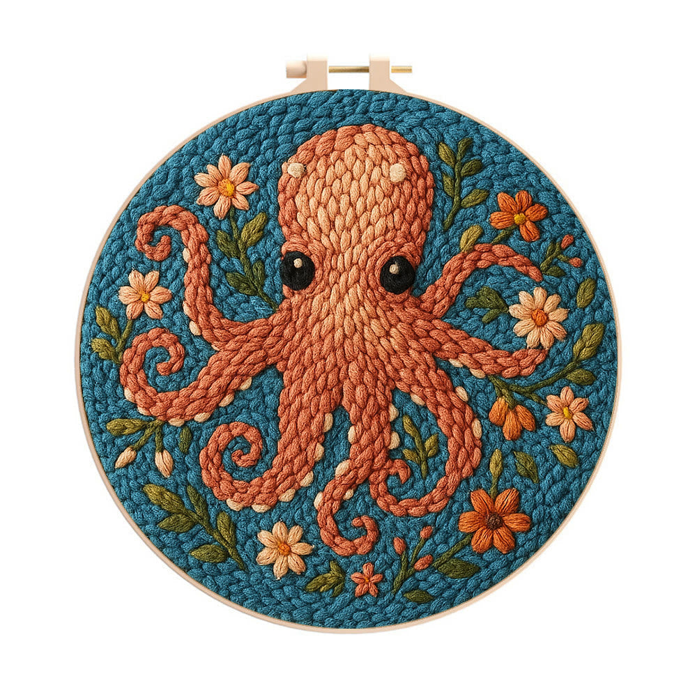 Floral Octopus Punch Needle Kit - Diy Punch Needle Coaster | Whimsical Handmade Artwork | Creative Gift For Friends - 8 inch Hoop Kit - image 0