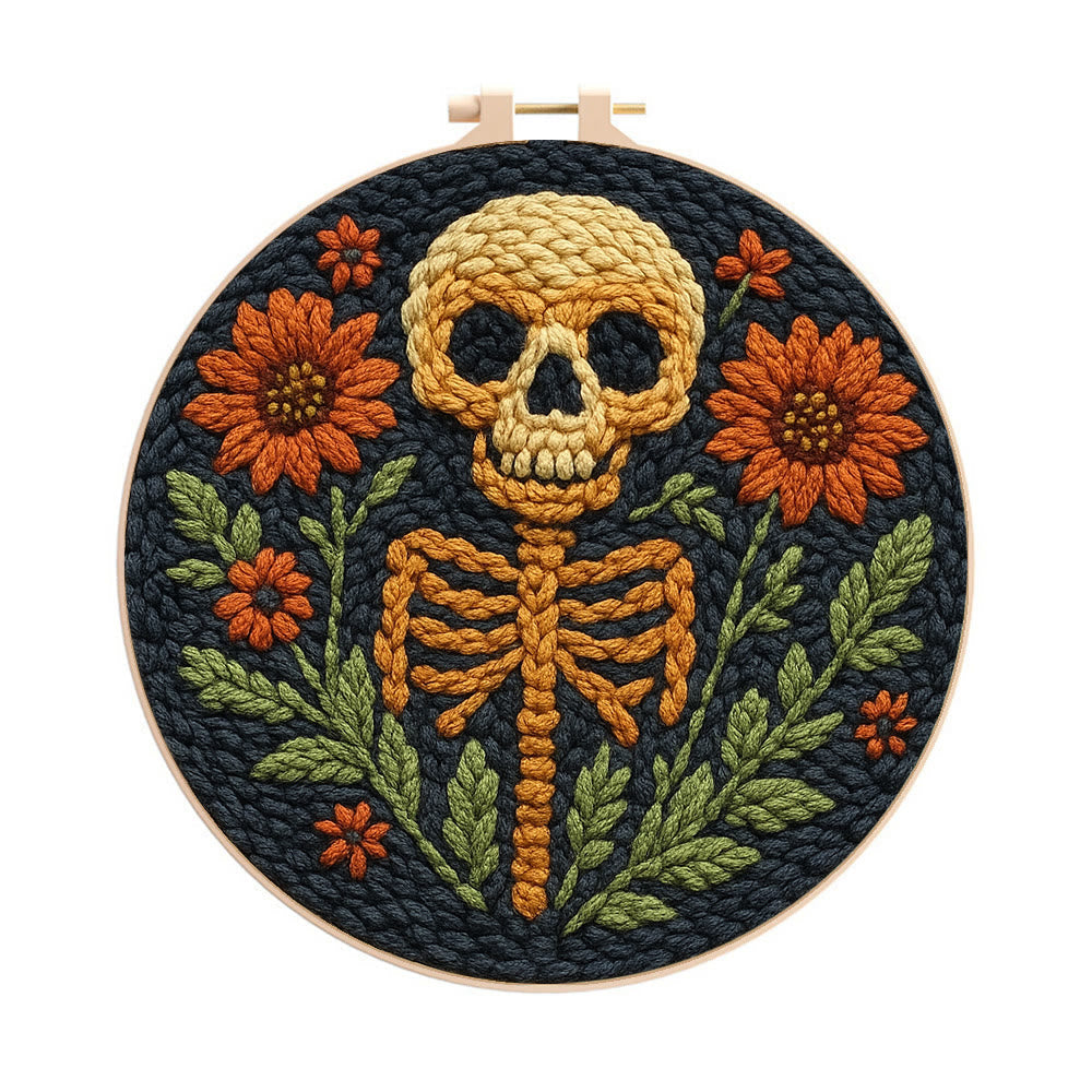  Floral Skull Punch Needle Kit - Diy Punch Needle Coaster | Spooky Halloween Art | Nice Wall Hanging  - 8 inch Hoop Kit - image 0