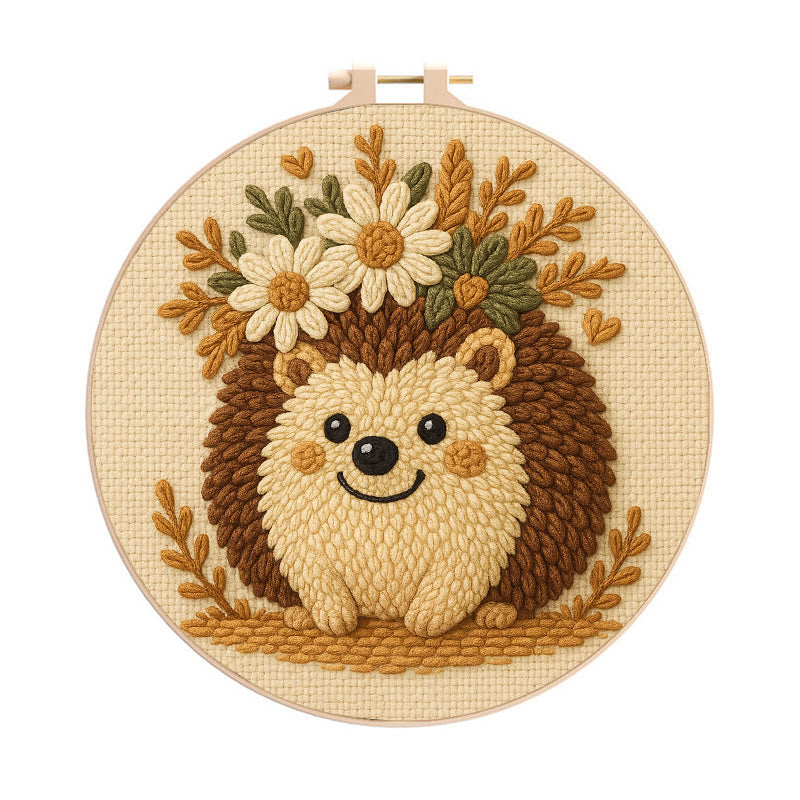Daisy Hedgehog Punch Needle Kit - Diy Floral Craft | Lovely Animal Needlework  - 8 inch Hoop Kit - image 0