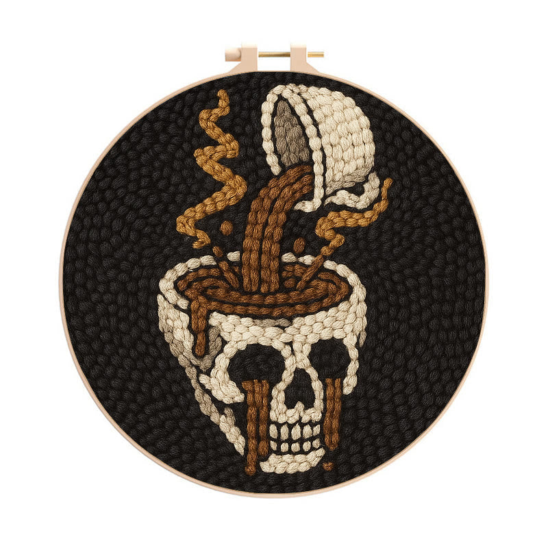 Coffee Skull Punch Needle Kit - Spooky Halloween Craft | Perfect For Holiday Decor - 8 inch Hoop Kit - image 0