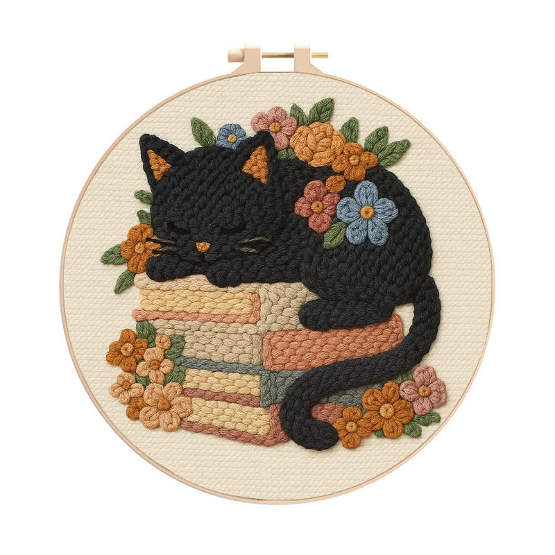 Sleeping Cat Punch Needle Kit - Helloween Decorative Craft | Diy Animal Artwork - 8 inch Hoop Kit - image 0