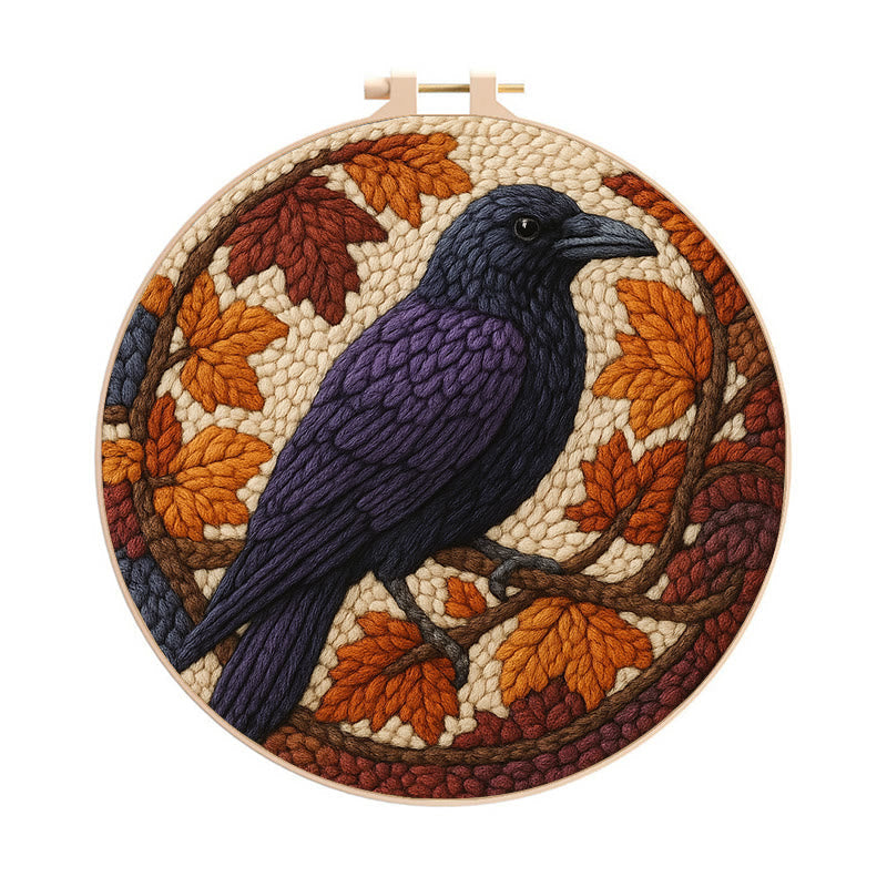 Autumn Raven Punch Needle Kit - Diy Holiday Ornament | Handmade Craft For Bird Lover  - 8 inch Hoop Kit - image 0