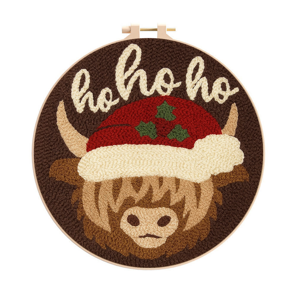 Christmas Highland Cow Punch Needle Kit - Diy Door Decor | Easy Handicraft For Adults - 8 inch Hoop Kit - image 0
