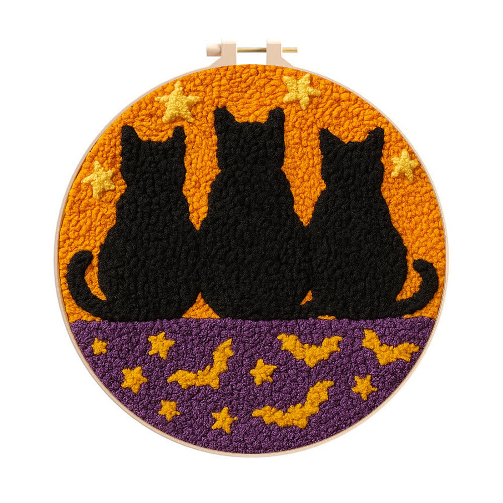 Black Cat Family Punch Needle Kit - Halloween Handmade Craft | Nice Artwork For Home Hanging - 8 inch Hoop Kit - image 0