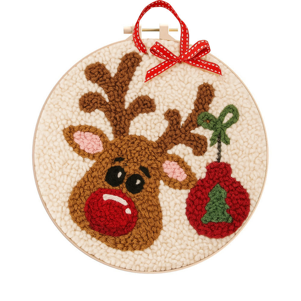 Lovely Reindeer Punch Needle Kit - Christmas Hoop Art | Diy Handmade Collection - 8 inch Hoop Kit - image 0