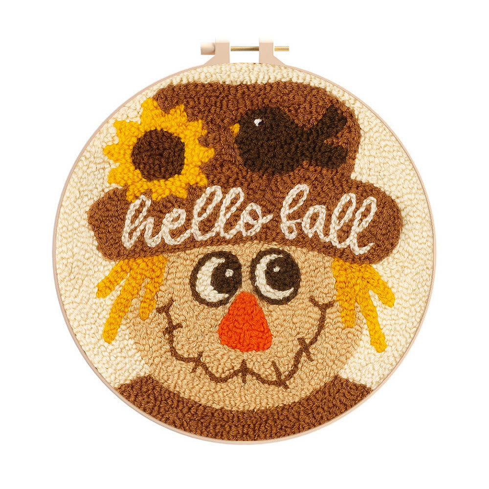Fall Scarecrow Punch Needle Kit - Autumn Home Ornament | Diy Hanging Art - 8 inch Hoop Kit - image 0