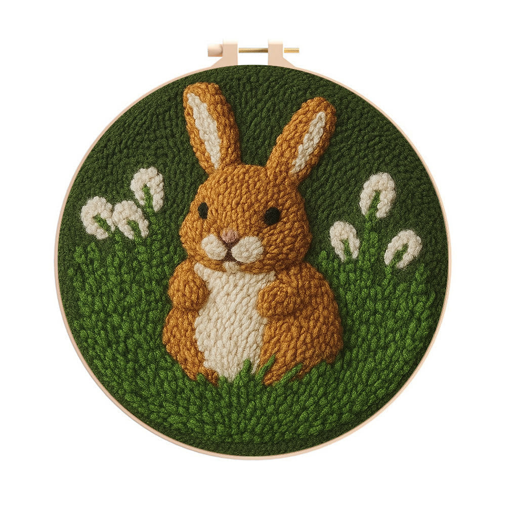 Bunny In Meadow Punch Needle Kit - Handcrafted Art | Charming Diy - 8 inch Hoop Kit - image 0