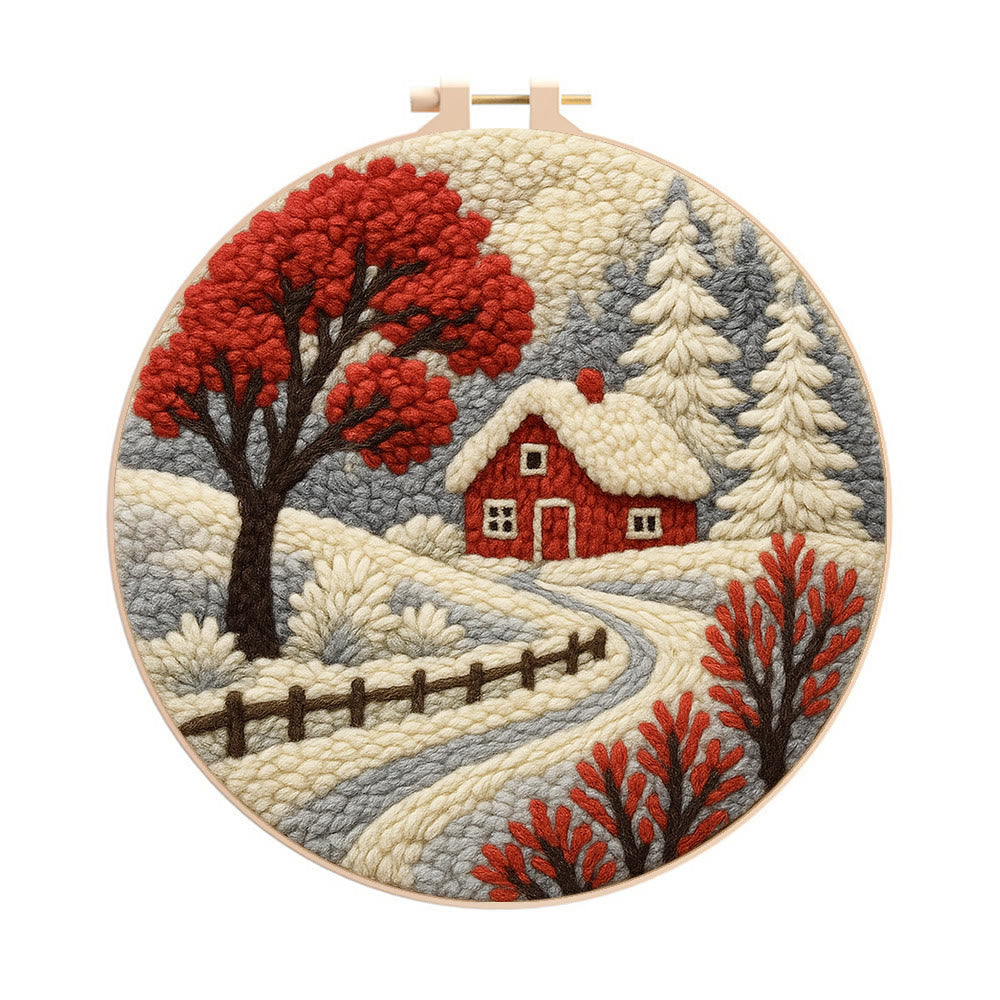 Winter Cottage Punch Needle Kit – Perfect Gift for Craft Lovers | Scenic Handmade Home Decor - 8 inch Hoop Kit - image 0