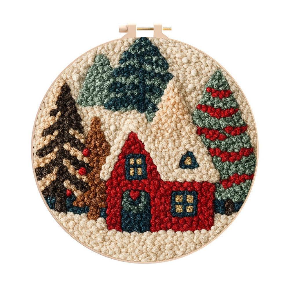 Cozy Winter Cottage Punch Needle Kit – Perfect Gift for Decor Enthusiasts | Charming Handmade Holiday Piece - 8 inch Hoop Kit - image 0